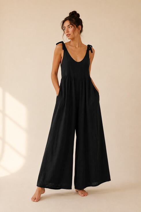Miou Muse Pants - Miou Muse Linen Blend Jumpsuit Wide Leg Boho Lagenlook Minimalist Black Small